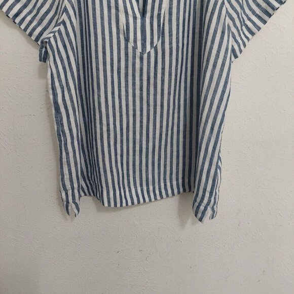 J Crew Flutter-Sleeve Linen Top Womens Sz S Navy Blue White Stripe V-Neck Beach - Picture 6 of 13